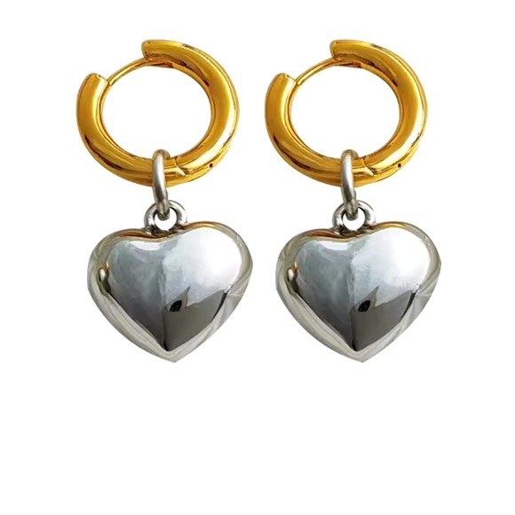 Giulia -Mixed Color Gold And Silver Heart Minimalist Hoop Earrings.Heart Pendant - Picture 7 of 12